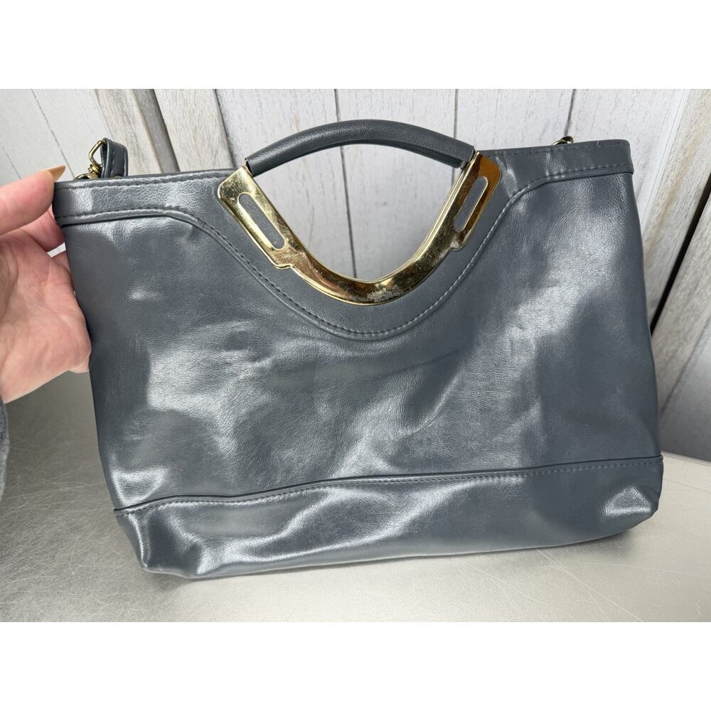 Vintage 70s Satchel Handbag Women Gray Faux Leather Purse Bag Top Handle - Picture 3 of 8